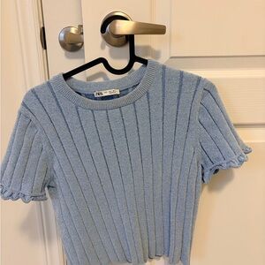 Zara Sky Blue Ribbed Short Sleeve Top
